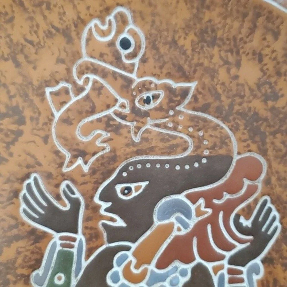 Vintage Mexican Pottery Plate Wall Hanger Aztec Mayan Snake Fish  - RARE